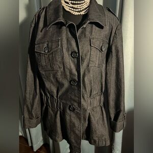 Larry Levine Black Denim Stretch Button-Front Blazer Coat L XL